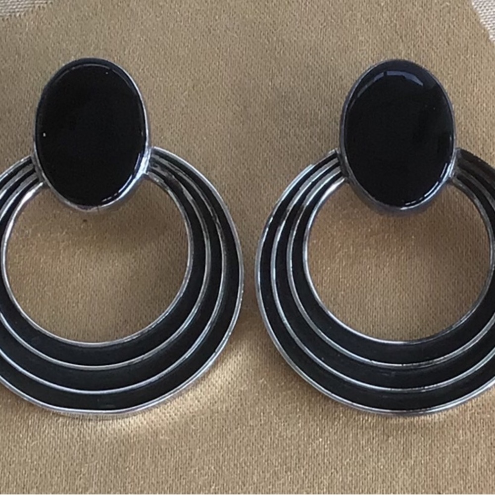 Navajo Frances Jones Onyx, Sterling Door knocker Clip Earrings, Large